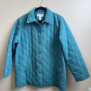 Orvis teal Blue Quilted Barn Coat Button Front Utility Jacket Size Large